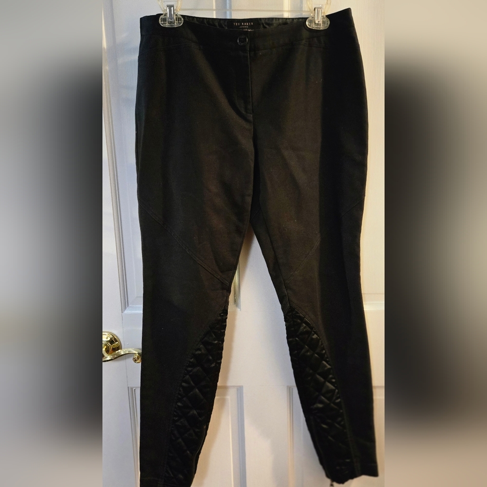 Ted Baker black skinny pants 29" inseam quilted & zipped knee patches sz 6